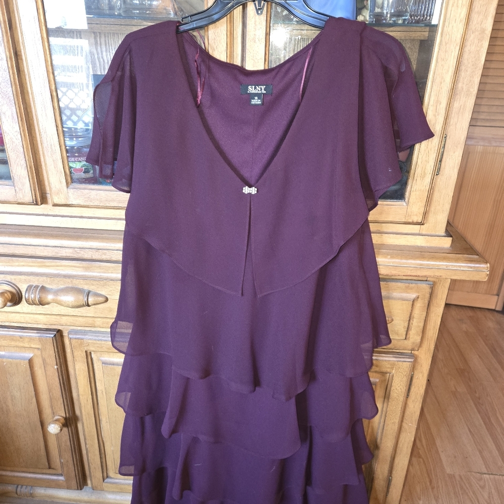 SLNY Plum Tiered Chiffon Midi Dress with V-Neck Brooch